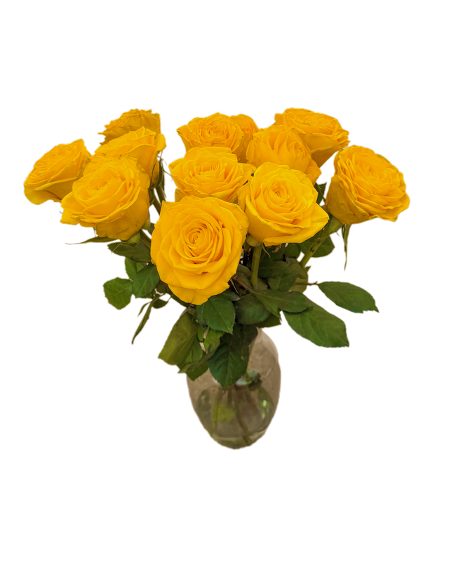 A vase of a dozen yellow roses in memory of Sharyn Larson